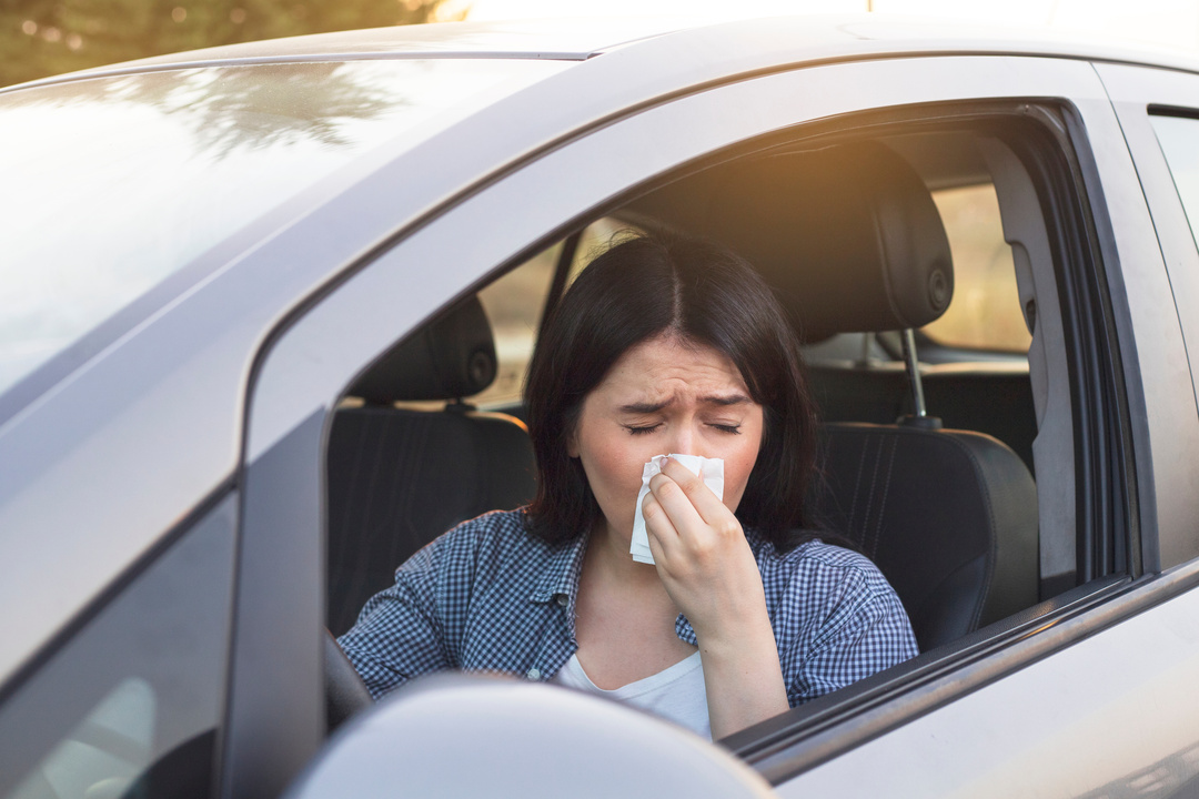 Young woman sneezing while driving car. Healthcare, virus, allergy concept.