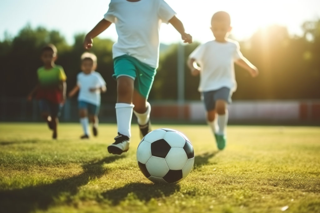 Children playing soccer on the field. Boys kicking soccer ball on the field. Football Player. Soccer concept. Childhood Concept. Football concept with copy space.