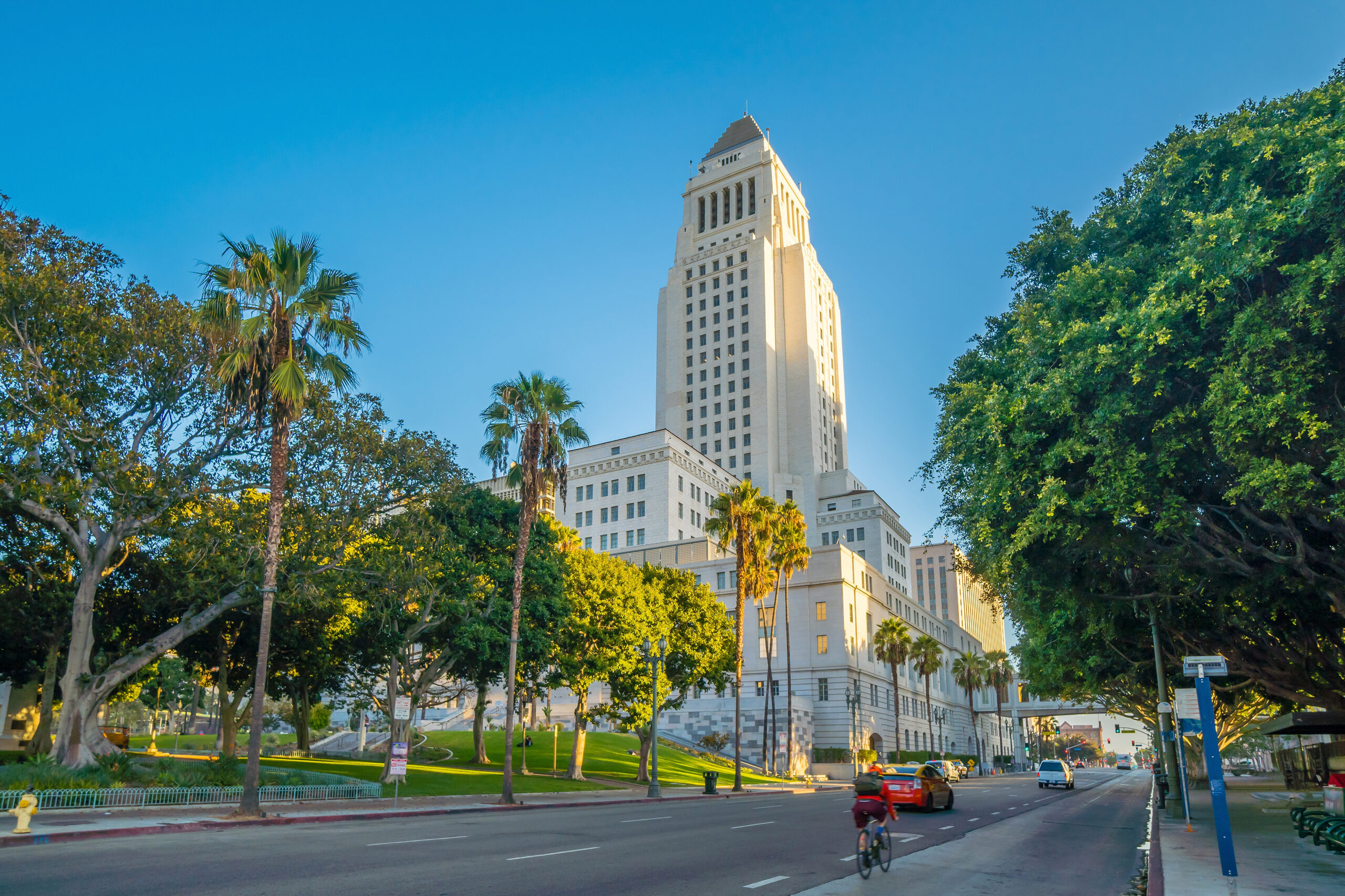 Historic Los Angeles City Hall with blue sky in CA USA