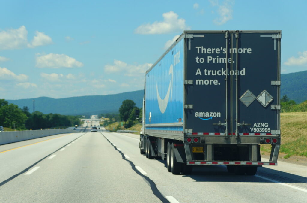 Spring Run, Pennsylvania, U.S.A - August 21, 2021 - A large Amazon truck moving on the highway