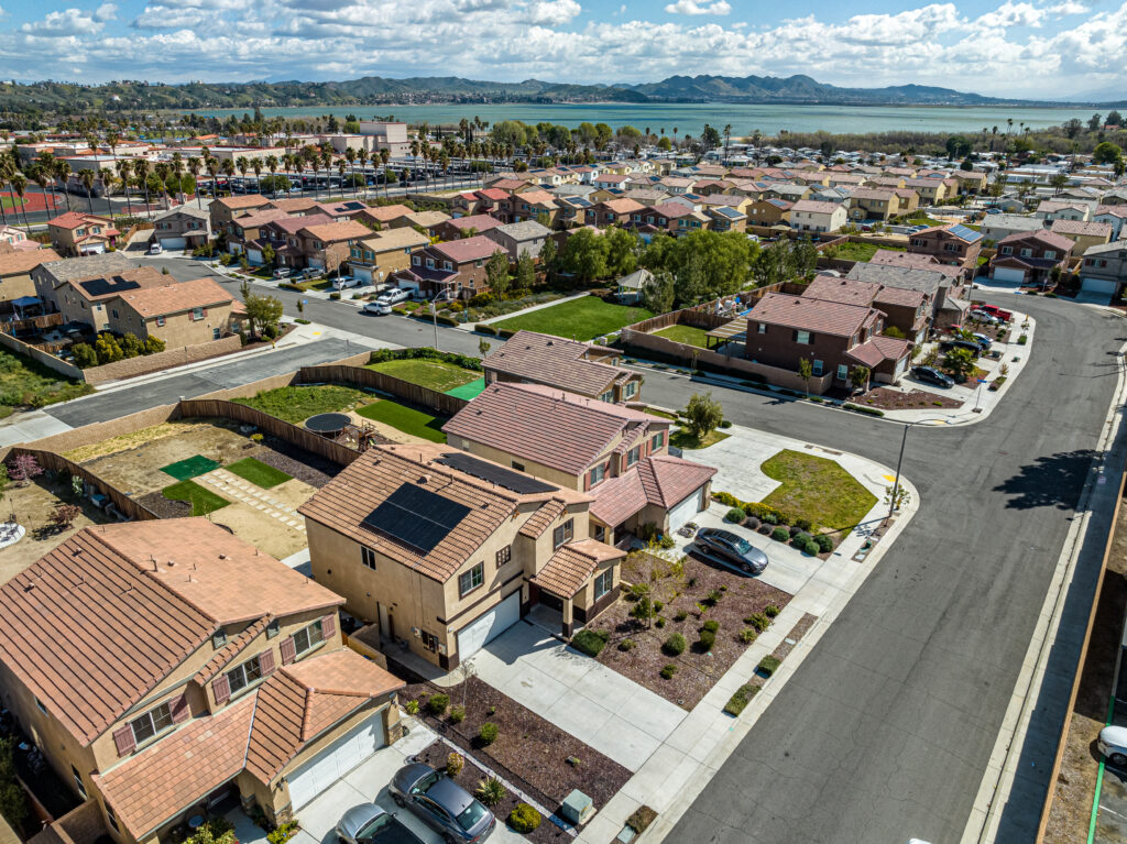 Aerial View of Suburban Lakeside Property In California