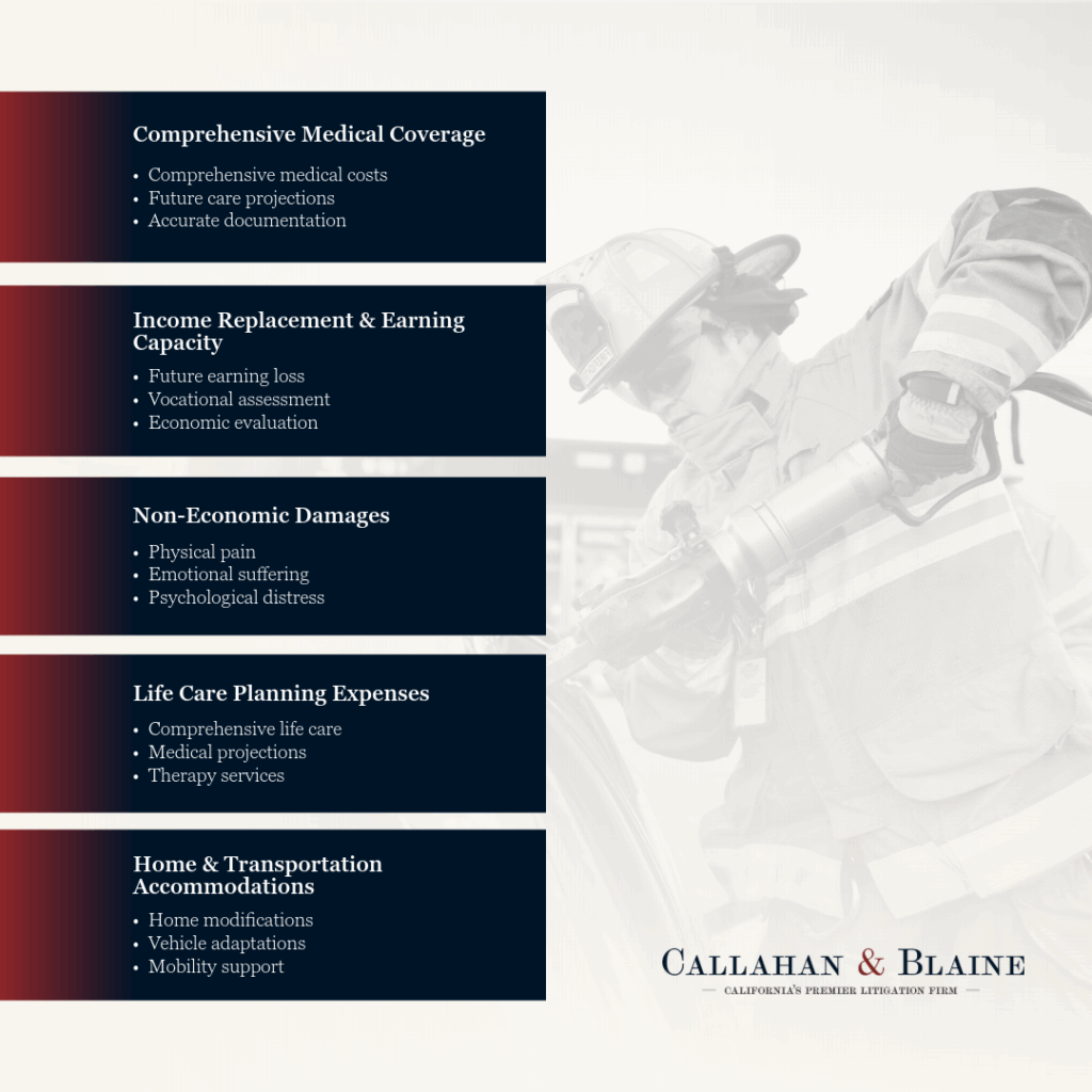 List of compensation types for catastrophic injury victims including comprehensive medical coverage, income replacement, non-economic damages, life care planning expenses, and home and transportation accommodations.