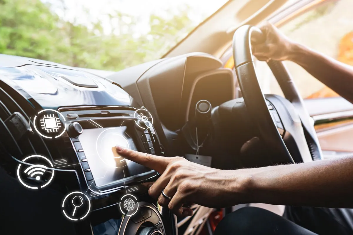 touching interaction car dashboard screen, car interior, controlling smart car setting, wireless communication technology, searching finding location destination and artificial intelligence car sensor