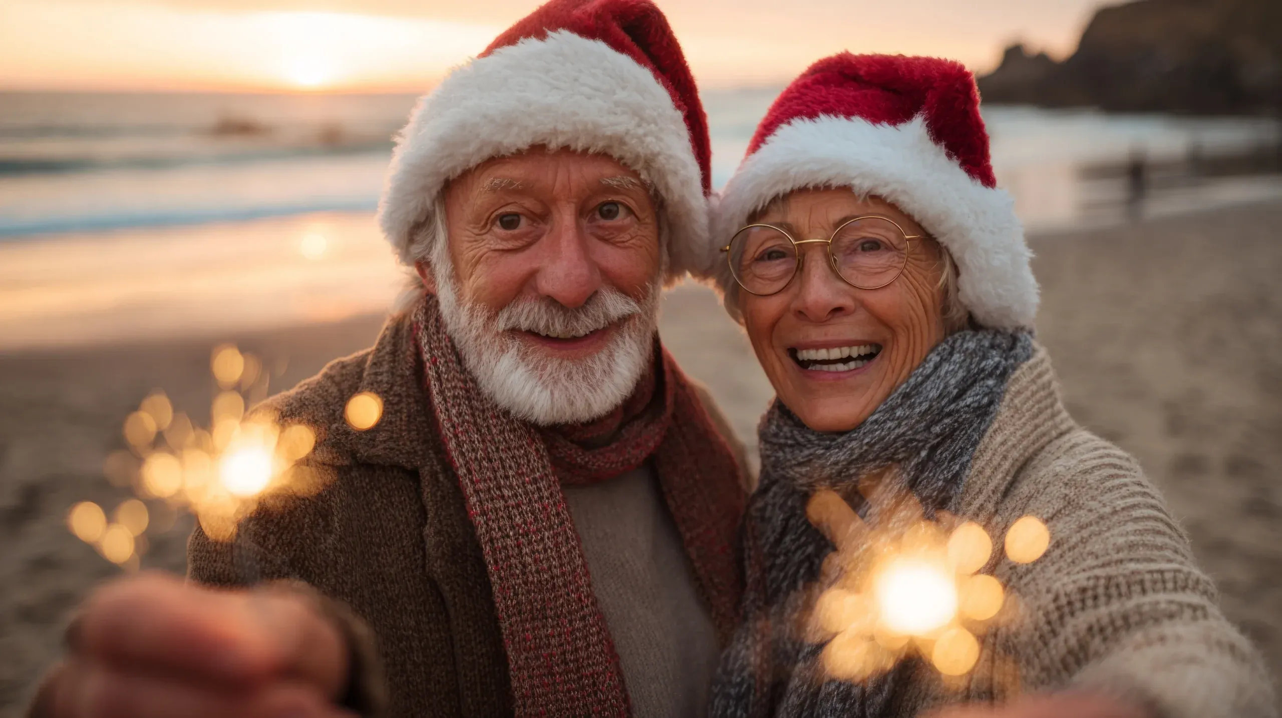 Senior couple wearing santa hats holding sparklers on beach