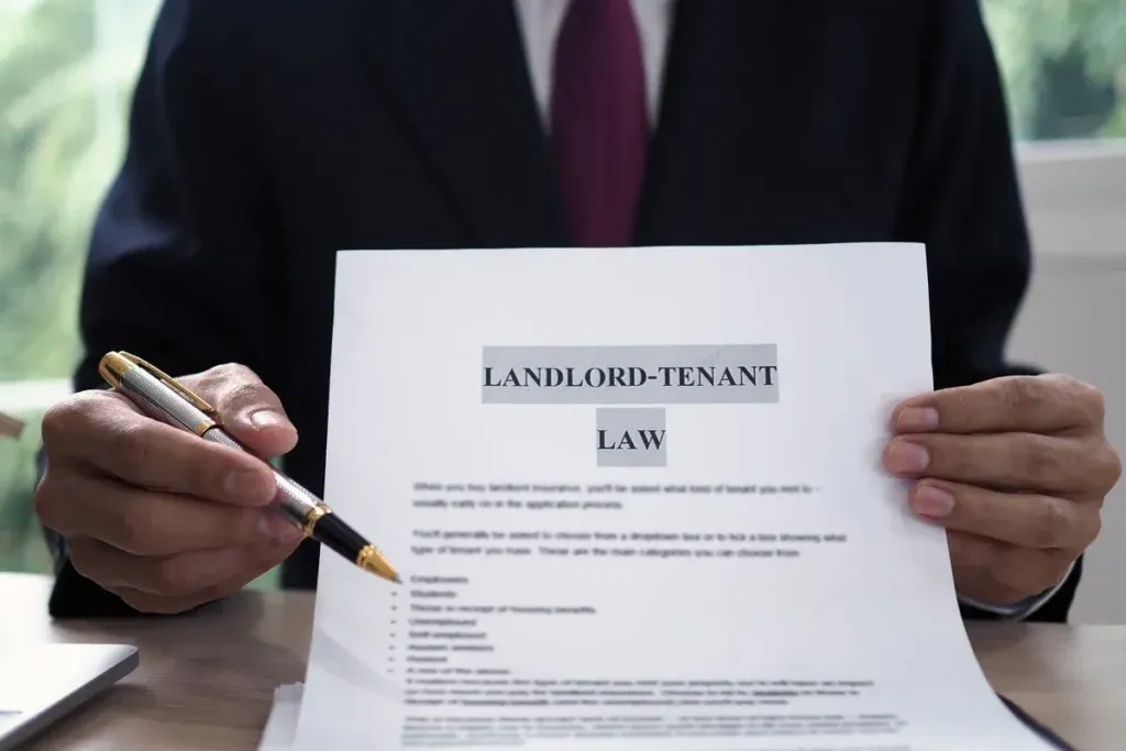 House salesman is showing Landlord-Tenant Law document.